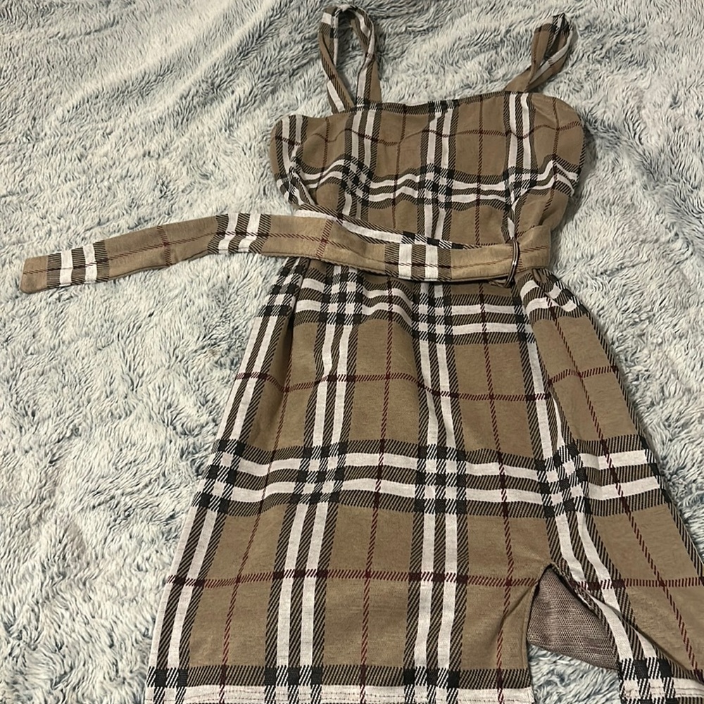 plaid, beige mini layered dress with belt. (rue 21)